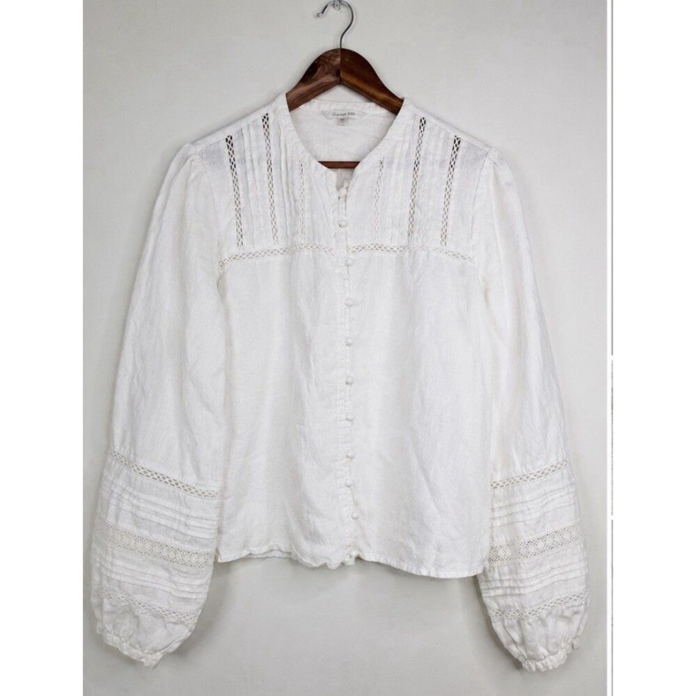 Garnet Hill 100% Linen White Peasant Blouse Boho Lace Trim Button Front Size 18
